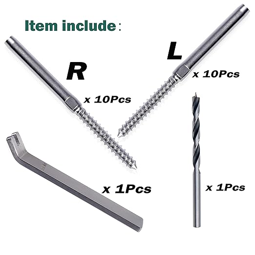 10 Pairs Left&Right Handed Thread Lag Screws for 1/8" Decking Cable Railing Kit/Hardware, Non-Turnbuckle System, Silver