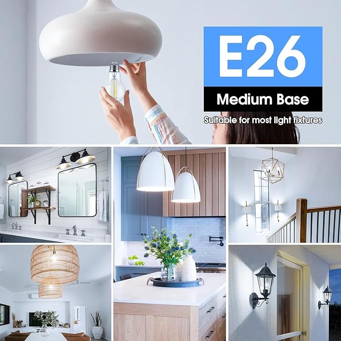 VOLIVO 24 Pack A19 Vintage LED Edison Bulbs, Dimmable, 60W Equivalent, High Brightness 5000K Daylight, Ultra-Bright, 7W E26 Standard Base, CRI80+, 800Lumens, Clear Glass Filament Bulb for Home