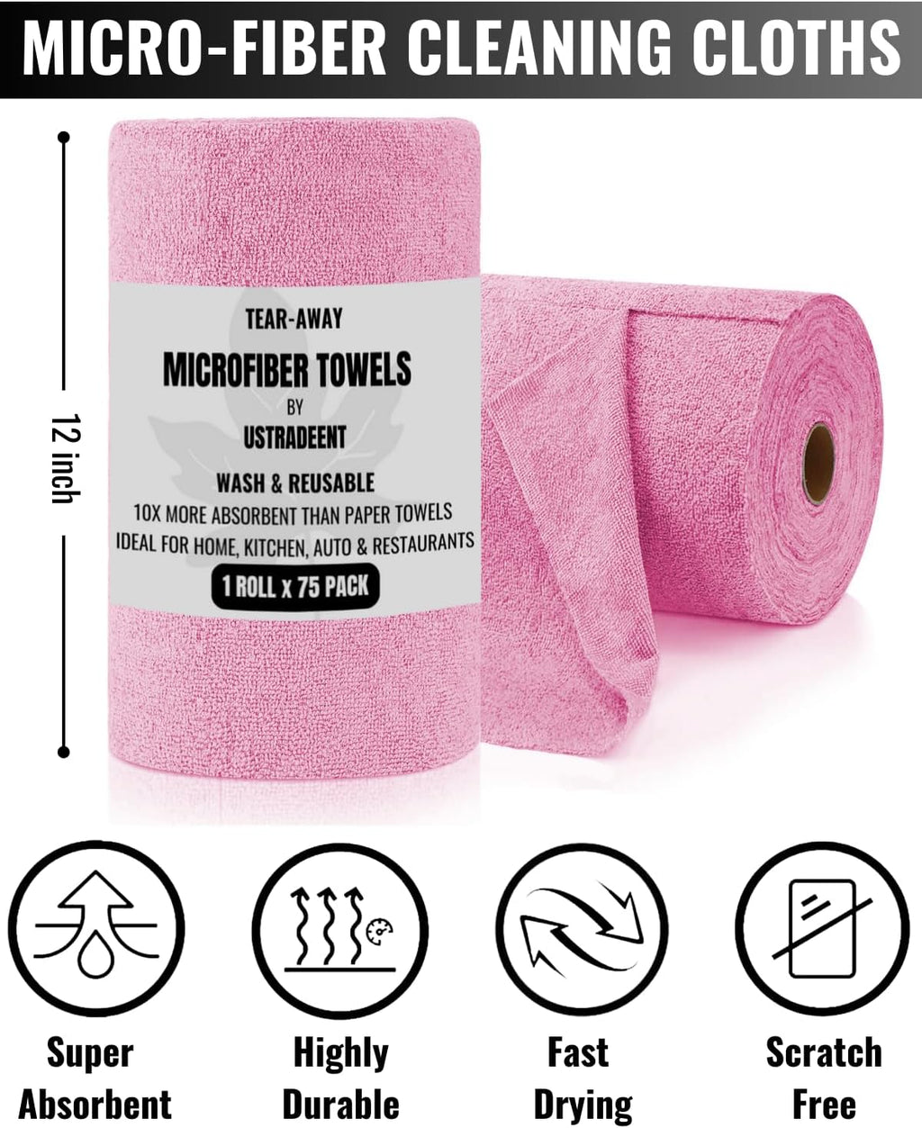 Microfiber Cleaning Cloth Roll -75 Pack - 2 Rolls, Tear Away Towels, 12" x 12", Reusable Cleaning Rags and Microfiber Towels for Cars, Garage and Household Supplies (Pink)