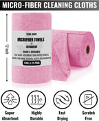 Microfiber Cleaning Cloth Roll -75 Pack - 2 Rolls, Tear Away Towels, 12" x 12", Reusable Cleaning Rags and Microfiber Towels for Cars, Garage and Household Supplies (Pink)