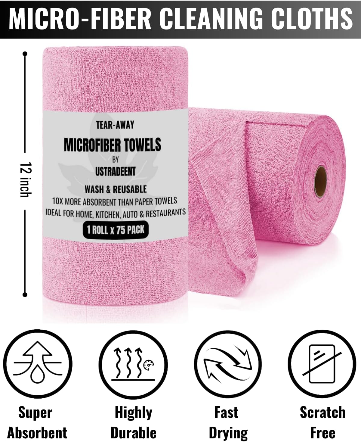 Microfiber Cleaning Cloth Roll -75 Pack - 2 Rolls, Tear Away Towels, 12" x 12", Reusable Cleaning Rags and Microfiber Towels for Cars, Garage and Household Supplies (Pink)