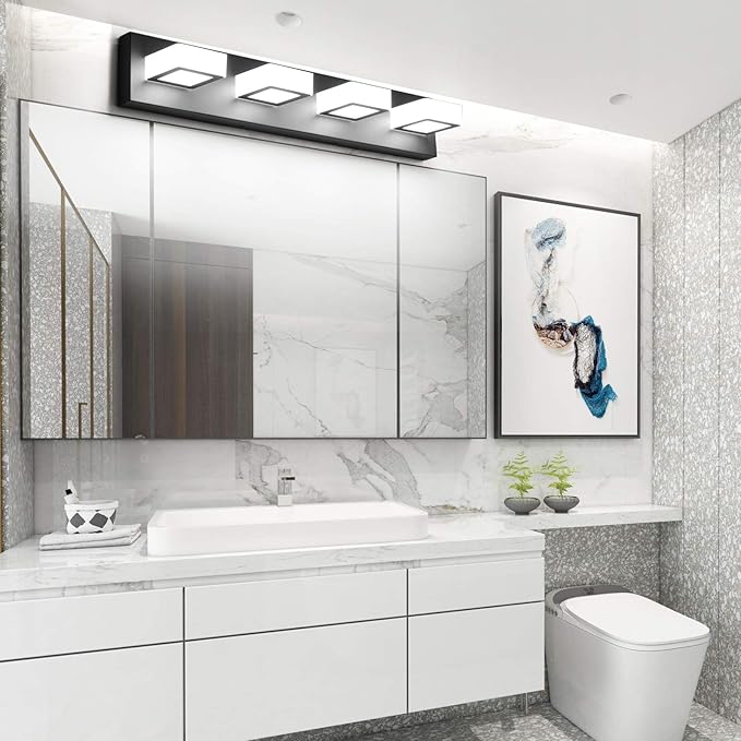 Ralbay Black Vanity Light Dimmable 4 Lights LED Modern Bathroom Vanity Lighting Fixtures Modern Stainless Steel Acrylic Rotable 360° Vanity Wall Light Over Mirror