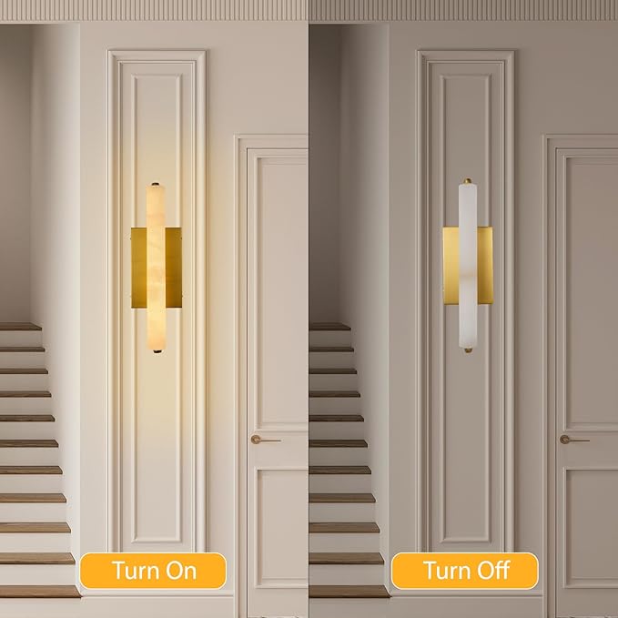 Alabaster Wall Sconces, 15in Brass Alabaster Sconce, Modern Spanish Natural Marble Sconces Lights, Rectangle Gold Sconces for Bathroom Vanity Bedroom Living Room Staircases Hallway