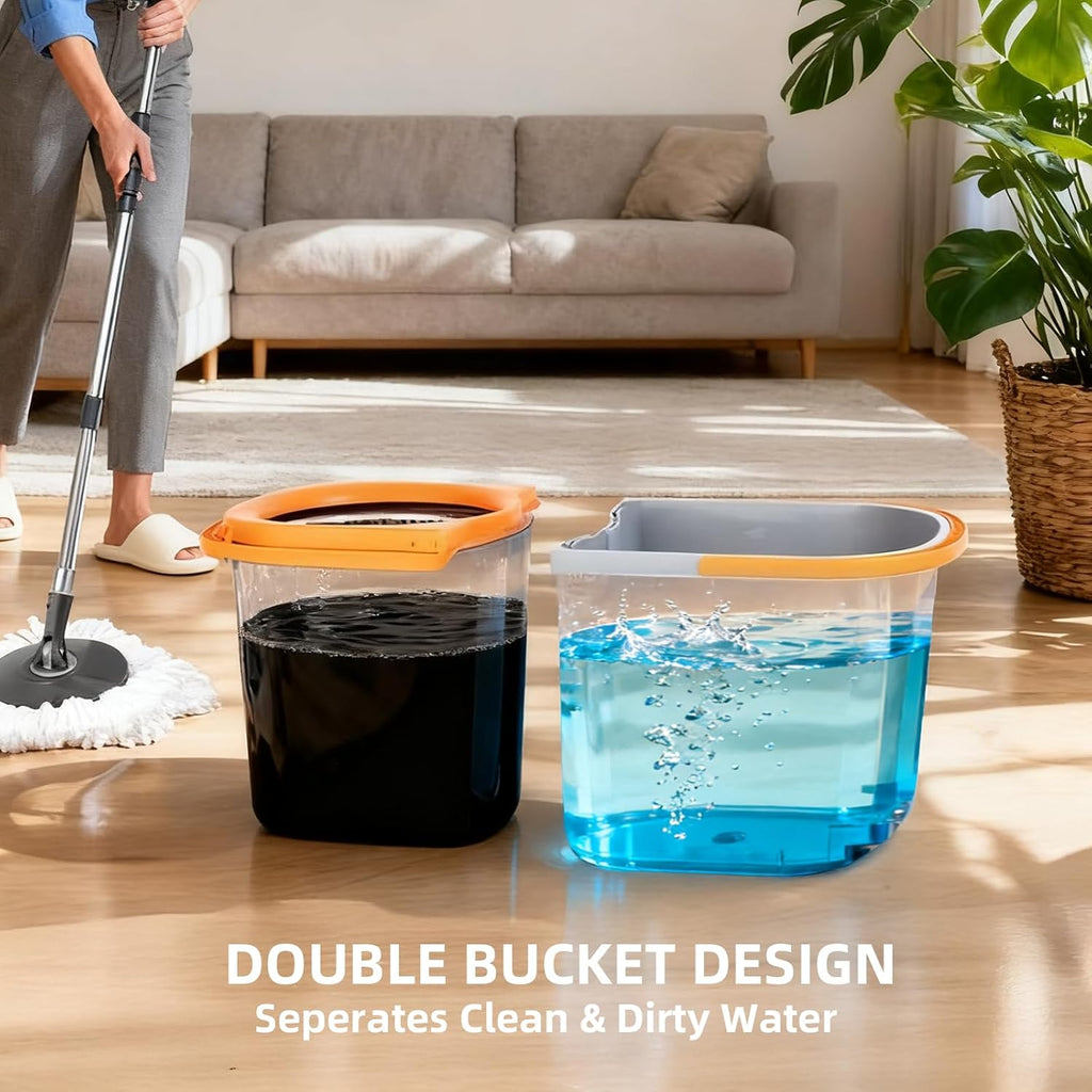 Spin Mop and Bucket Set,Detachable Double Buckets Separate Dirty Water with Stainless Steel Wringer for Floor Cleaning,Cleaning Buckets with 4 Mop Head Replacements for Household Use
