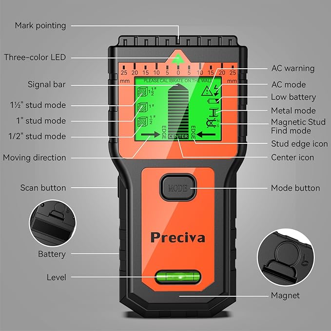 Stud Finder, Preciva Wall Scanner-8 in 1 Multifunctional Wall Detector with 6 Modes & 2 Functions for Studs, Wood, Metal, and AC Wires Detection (9V Battery Included)