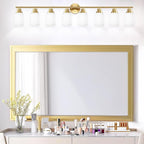 8-Light Vanity Lights, Brushed Gold Bathroom Light Fixture with Striped Textured Milky White Glass Shade, Modern Vanity Lighting Fixture for Bathroom Wall Light Over Mirror, E26 Wall Sconce