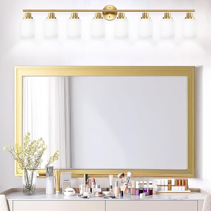 8-Light Vanity Lights, Brushed Gold Bathroom Light Fixture with Striped Textured Milky White Glass Shade, Modern Vanity Lighting Fixture for Bathroom Wall Light Over Mirror, E26 Wall Sconce