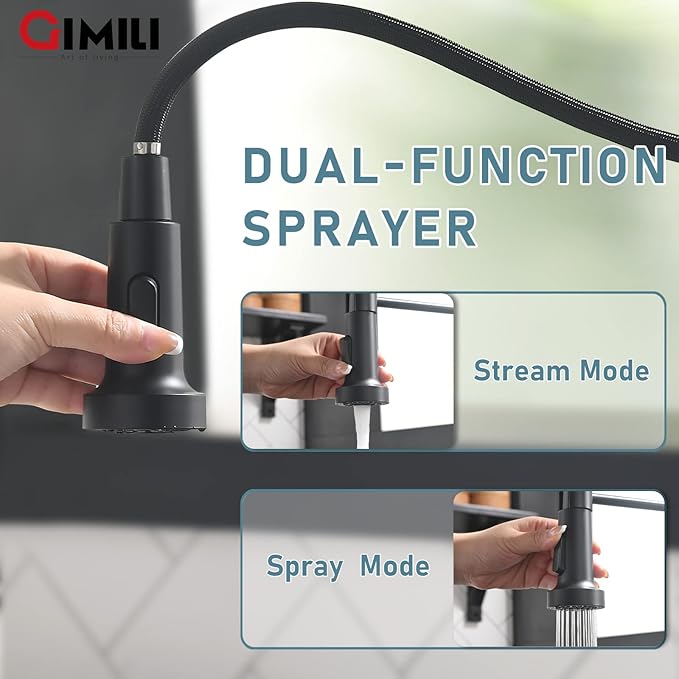 GIMILI Matte Black Kitchen Faucet with Soap Dispenser, Commercial Single Handle Spring Pull Out Kitchen Sink Faucets with Pull Down Sprayer