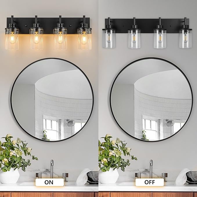 GoYeel Bathroom Light Fixtures Over Mirror, Matte Black Vanity Light 4 Light Wall Sconce Lighting Indoor Farmhouse Bathroom Lamp with Clear Glass Shade for Bedroom Living Room Hallway Kitchen
