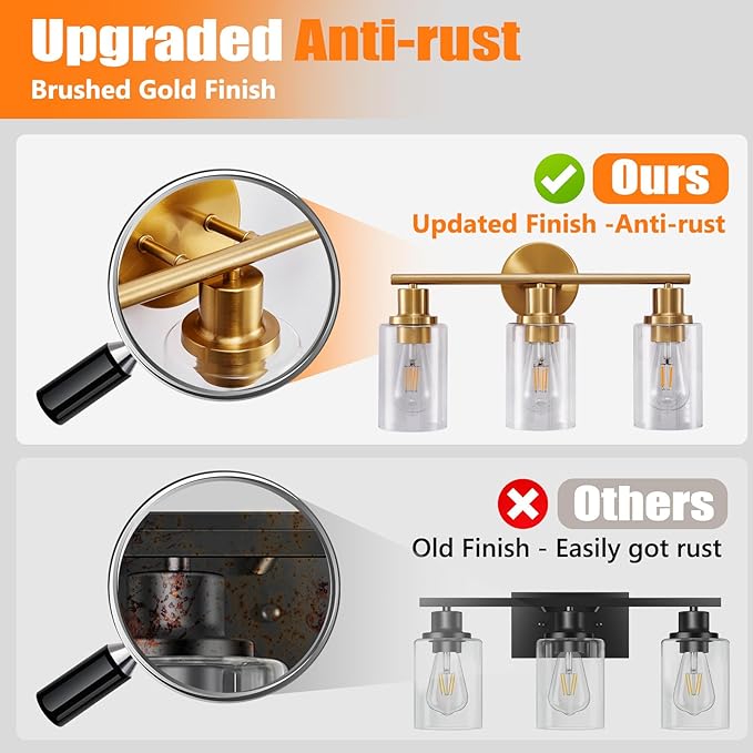 DLLT 3-Light Bathroom Light Fixtures: Gold Modern Vanity Wall Lights with E26 Bulbs - Clear Glass Shade Bathroom Wall Lamp for Mirror Kitchen Living Room Hallway Cabinet Porch