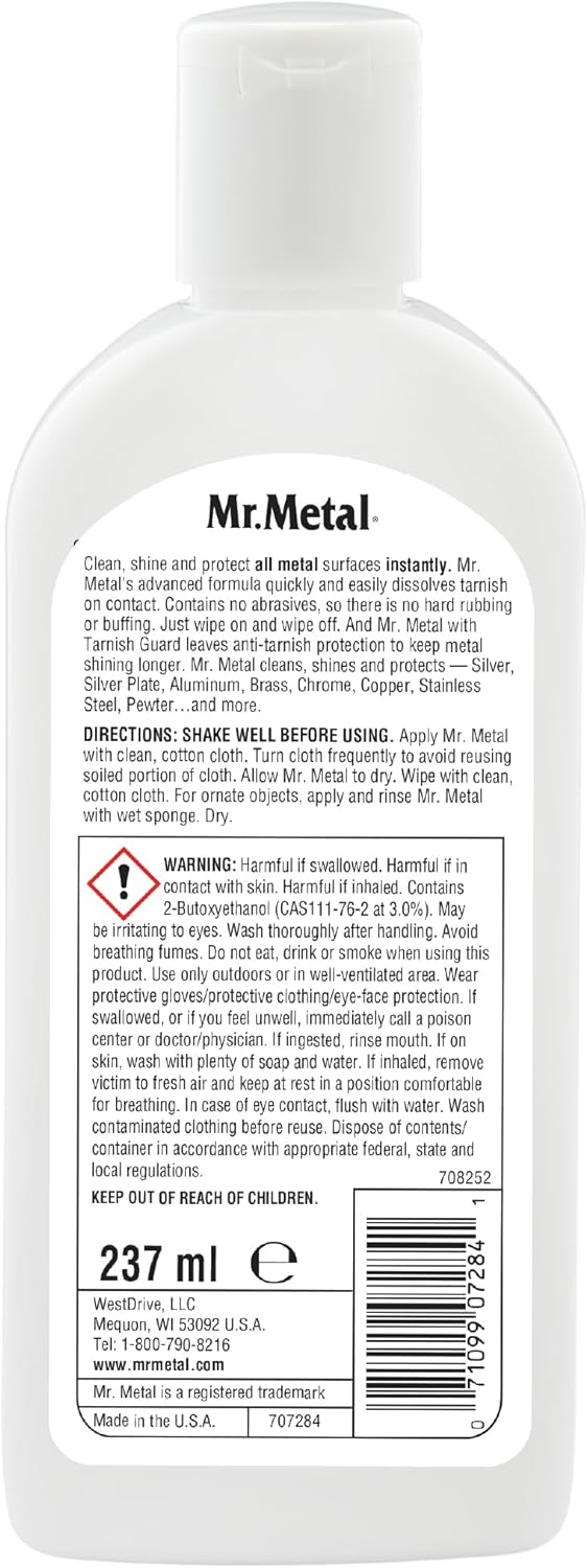 Mr. Metal Metal Polish Liquid All Metal Multipurpose Cleaner, Non-Abrasive, Instant Sterling Silver Cleaner, Brass and Stainless Steel Cleaner, Grime and Tarnish Remover, Chrome Silver Polish, 8 oz