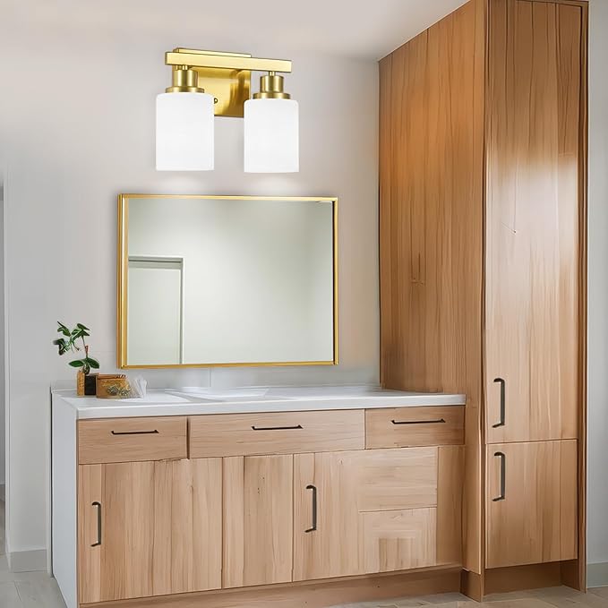 Gold Bathroom Light Fixtures Over Mirror, 2-Light Modern Vanity Lights with White Glass Shade, Bathroom Wall Lamp Sconces for Mirror Bedroom, Living Room Hallway Small Space