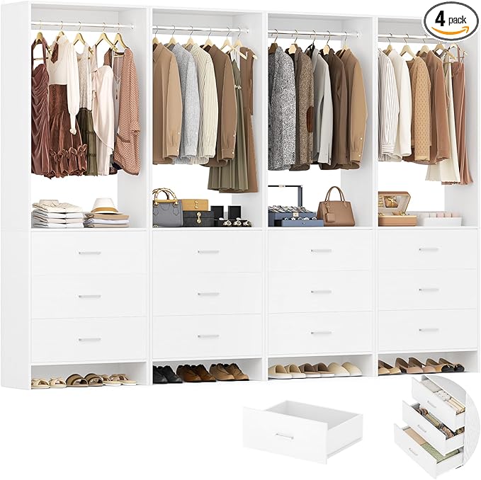 Aheaplus Closet System Closet Organizer, Wood Closets Organizer System, Walk-in Closet or Wardrobe, Clothes Rack with Hanging Rods, 8FT Closets, Set of 4, White