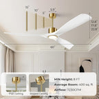 60" White and Gold Ceiling Fan with Lights,Smart Ceiling Fan Work with Alexa/Gg/App/Remote,3-Color Light Dimmable 6-Speed Quiet Reversible DC Motor for Patio Porch Bedroom