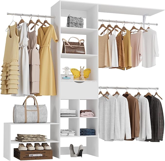 8ft Closet System with Drawers, 99 Inches Walk in Closet Organizer System with 3 Hanging Rods, Adjustable Built in Closets Systems, Sturdy Closets Insert, Easy Assembly, Max Load 1000 Lbs, White