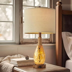 OYEARS 23" USB A+C Table Lamp for Bedroom Living Room Modern Bedside Lamps Retro Farmhouse Rattan Glass Nightstand Nightlight Lamps (Amber),Two Light Points