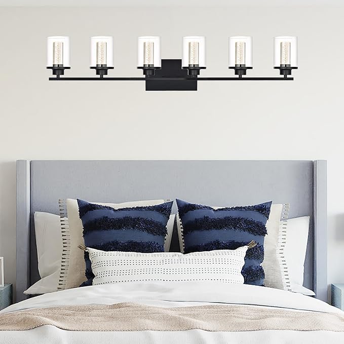 6-Light Bathroom Vanity Lights Over Mirror,Black Bathroom Led Vanity Light,Wall Sconce Light Fixtures with 5CCT6 Dimmable LED&Clear Glass Shade for Bedroom,Living Room,Cabinet Wall Lamp