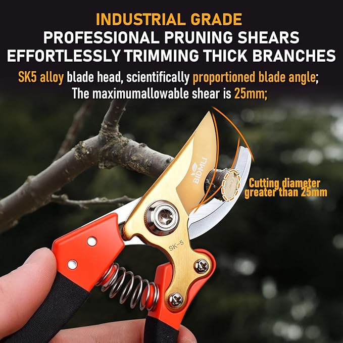 Heavy Duty Pruning Shears，Garden Scissors & Clippers with Red-BIDMLI 8.66" SK5 Steel Blades & Aluminum Alloy Handles, Tree Branch Cutter, Ideal for Thick Branches, Dry Twigs, Flower Pruning Tool.