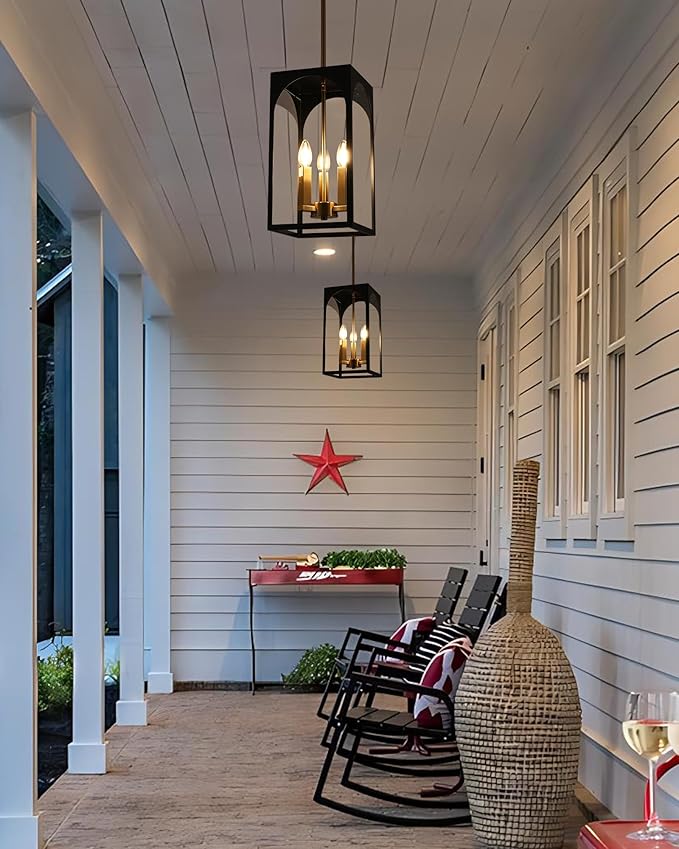 VINLUZ 3 Lights Outdoor Pendant Light Fixture in Black and Brushed Brass Finish, Classic Indoor Outdoor Hanging Lantern Lighting with Clear Glass Shade for Porch Entryway Hallway