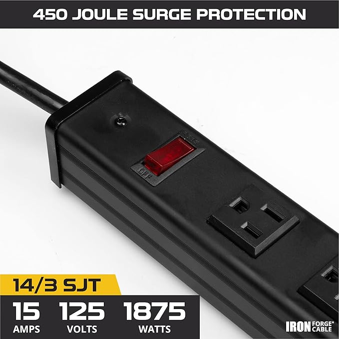 Iron Forge Cable 12 Outlet Heavy Duty Surge Protector Power Strip with Built-in Circuit Breaker, 14/3 SJT Black & Yellow with 9 ft Extension Cord