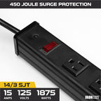 Iron Forge Cable 12 Outlet Heavy Duty Surge Protector Power Strip with Built-in Circuit Breaker, 14/3 SJT Black & Yellow with 9 ft Extension Cord