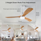 52 Inch Ceiling Fans with Light Remote Control, Wood Ceiling Fans with 3 Blade and Down Rod, 6 Speed DC Motor, Indoor Outdoor Ceiling Fan for Patio, Living Room, Bedroom, Office