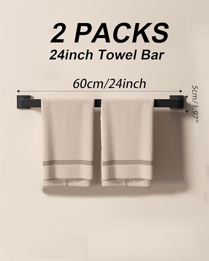Matte Black Bathroom Hardware Set, 10-Piece Stainless Steel Bathroom Accessories with Double 24" Towel Bars, 2X Toilet Paper Holders with Shelves, 4X Towel Hooks, 2X Towel Rings