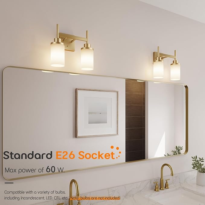 Vanity Lighting Fixtures with White Frosted Glass Shade, Double Wall Lamps for Bathroom Mirror Bedroom Living Room Washroom Porch, Gold T001GD-L2