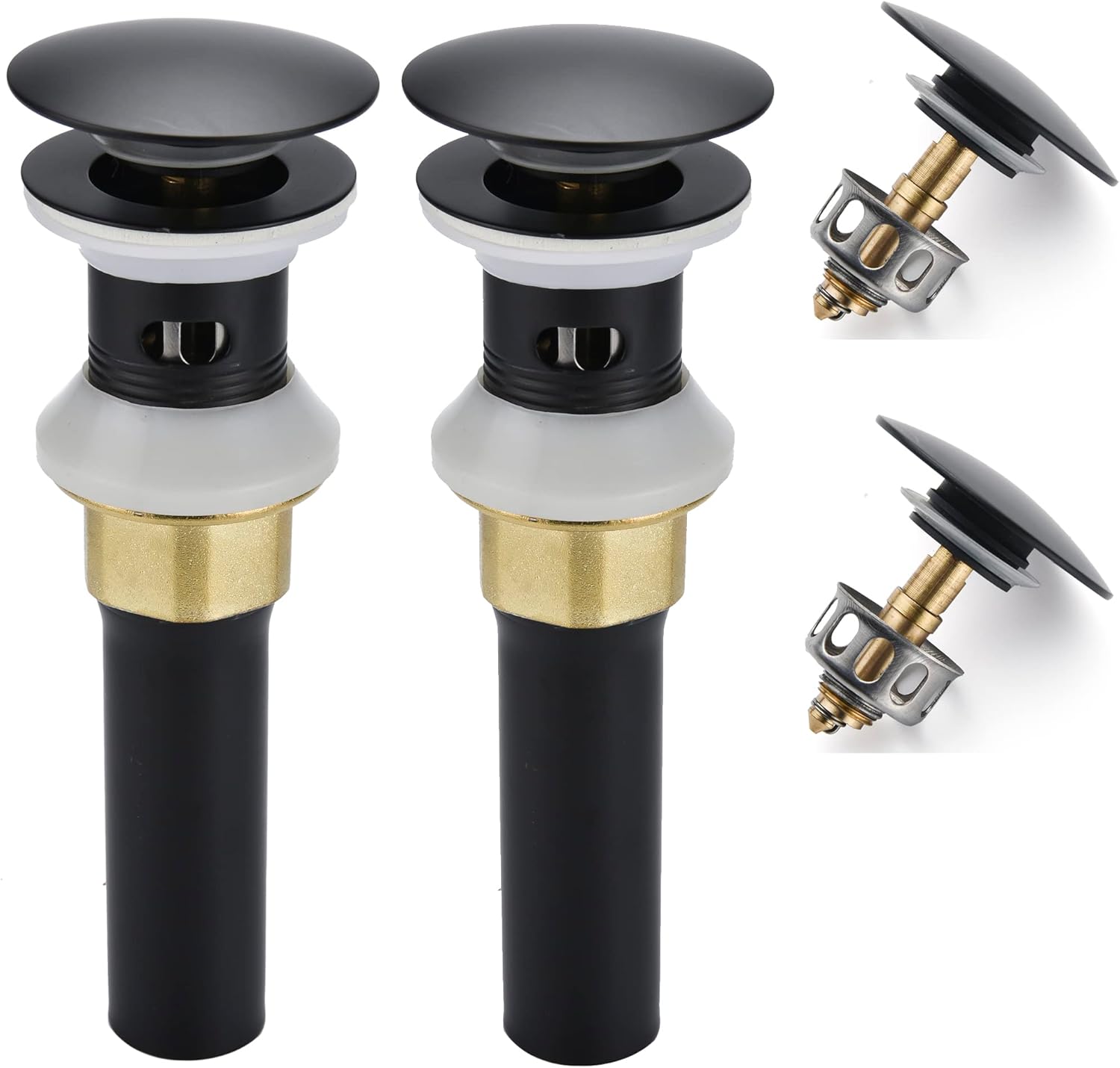 Bathroom Sink Drain,2 Pack Drain Stopper Bathroom Sink with Overflow,Pop Up Drain Assembly with Detachable Strainer Basket,Built-in Anti-Clogging Strainer,Stainless Steel Mattle Black