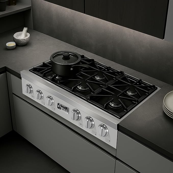 Awoco 36” Professional Stainless Steel Gas Cooktop, LPG/NG Convertible Gas Rangetop with 6 Sealed Burners, Stove top with cast iron grates Made in Italy & ETL Certified