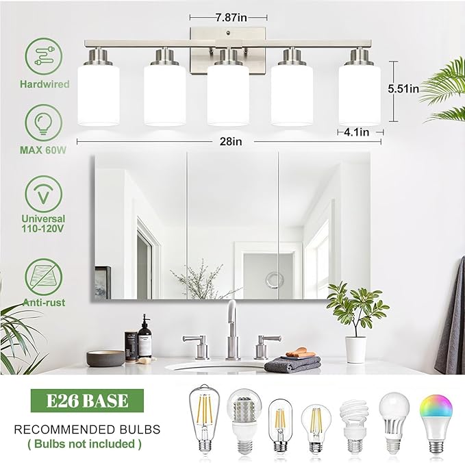 5-Light Vanity Light with Milky White Shades, Brushed Nickle Bathroom Lighting Fixtures Over Mirror, Modern Bathroom Wall Lamp for Mirror Living Room Cabinet Bedroom