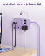 6 USB(2 USB C) Purple Travel Power Strip- 5Ft Lavender Extension Cord with 24W USB Charging Station and 4 Outlets, Purple Desk Accessories with Surge Protector for Cute Kawaii Office Dorm Room