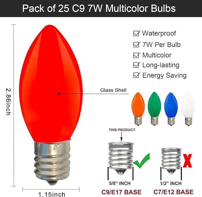 SUNSGNE 25 Pack C9 Multicolor Christmas Light Bulbs, C9 Ceramic Multicolor Incandescent Replacement Bulbs for Outdoor Vintage Christmas String Light, E17/C9 Intermediate Base- 7 Watts