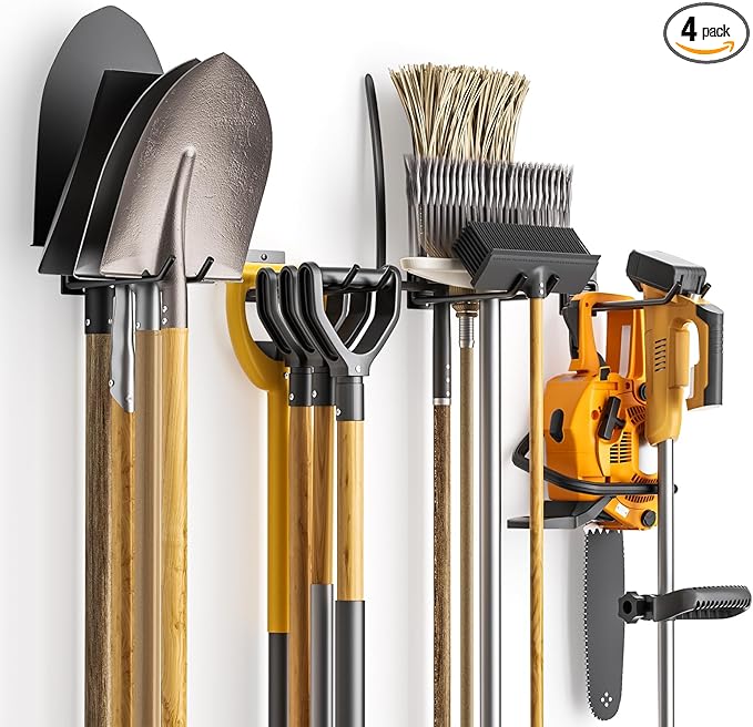 Wall Mount Garage Tool Organizer Storage Hook for Yard Shed, Garden Tool Holder Organizer Rack, Metal Garage Garden Tool Hanger for Lawn Organizer Holds Shovel,Rakes,Brooms,Hoses 4 Pack