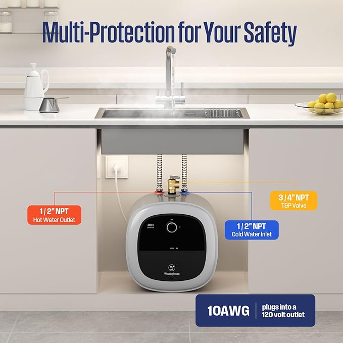 Westinghouse 4 Gallon Electric Mini Tank Water Heater, 120V, 1440W Instant Hot Water for Point of Use, Compact Under Sink & RV Design, Easy Wall/Floor Mount, UL Listed (Gray)