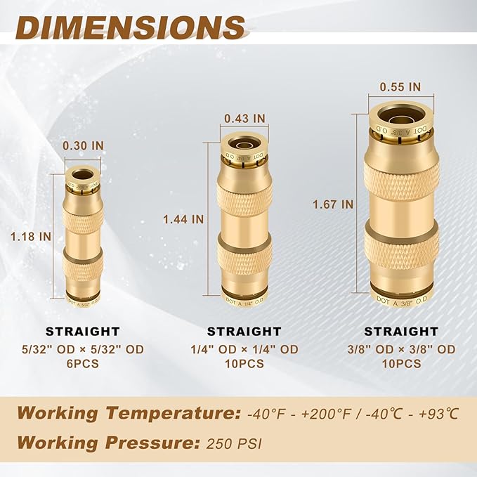 26pcs Quick Connect Brass DOT Air Line Fittings Straight Union 1/4” 3/8” 5/32” Tube Push to Connect Fittings Air Suspension Fitting Straight Air Brake Union Push Lock Pneumatic Air Hose Fitting