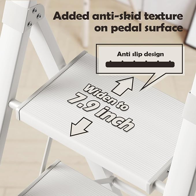 Taranta 5 Step Ladder, Portable Folding Ladder with Wide Pedal, Lightweight Aluminum Step Stool with Convenient Handgrip, 330 lbs Capacity Stepladder for Home, Office - White