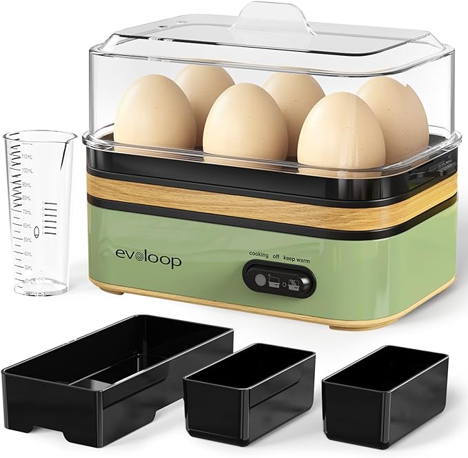 Evoloop Rapid Egg Cooker Electric 6 Eggs Capacity, Soft, Medium, Hard Boiled, Poacher, Omelet Maker Egg Poacher With Auto Shut-Off, BPA Free (Green)