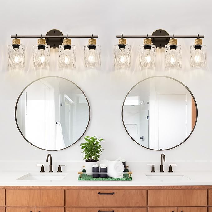 2025 Upgrade Bathroom Light Fixtures, 4-Light Coastal Vanity Lights with Crystal Glass Shade, Oil-Rubbed Bronze Bathroom Wall Lamp for Mirror Kitchen Hallway Cabinet