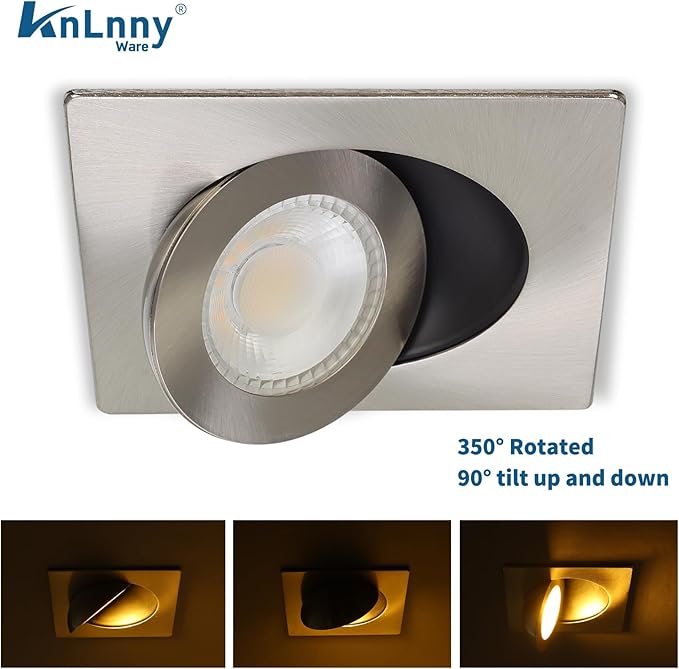 Square Brushed Nickel Recessed Lighting 4 Inch 6 Pack, Ajustable Eyeball recessed Light with Junction Box,5 Color Selectable,Airtight,9W 750LM,Dimmable,Brushed Nickel