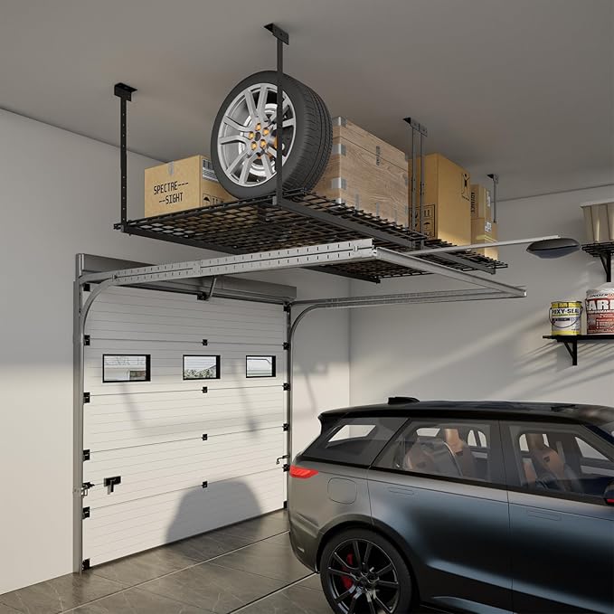 45-Inch x 45-Inch Overhead Garage Storage Rack, 17"-28" Height Adjustable Garage Ceiling Storage Racks, Heavy Duty Storage Organizer System, 250LBS Weight Capacity, Black