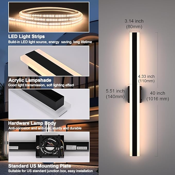 TODOLUZ 2-Pack 40-Inch LED Long Outdoor Wall Light Fixture, 30W IP65 Waterproof Exterior Linear Wall Mount Lighting, 5 Color Temperature Mode (3000K/3500K/4500K/5000K/6000K)