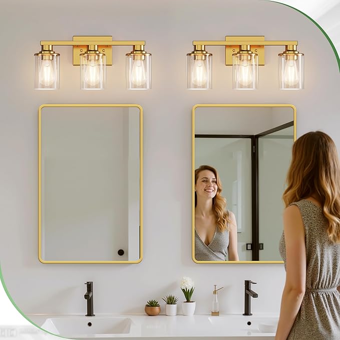 DORESshop 17 Inch Bathroom Light Fixtures, 3-Light Brushed Gold Bathroom Lighting Fixtures Over Mirror with Clear Glass Shade, Vanity Lights for Living Room Bedroom
