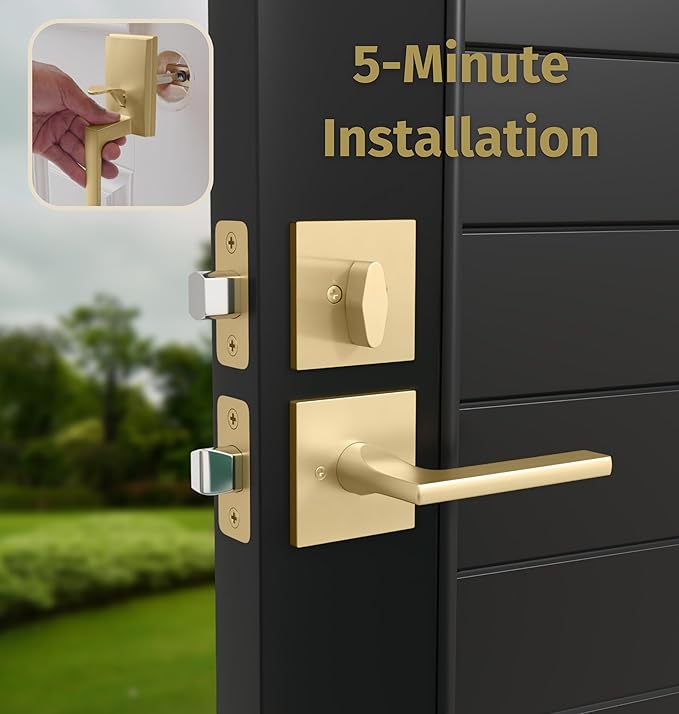 Mega Handles - TOBELLE Gold Entry Door Handleset - Single Cylinder Handleset with Lever for Entrance and Front Doors - Modern Door Handles for Left and Right-Handed Doors - Straight Handle