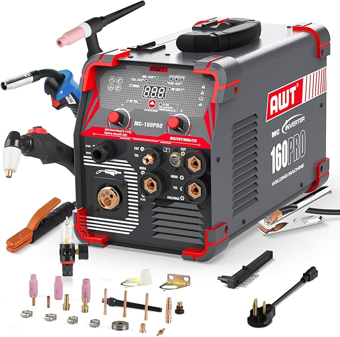 AWT MIG Welding Machine,160A 5 in 1 Plasma Cutter Welder Combo HF TIG/Gas MIG/Flux MIG/Stick Welding,110/220V Dual Voltage, Multi-Process Welder MIG88-160M