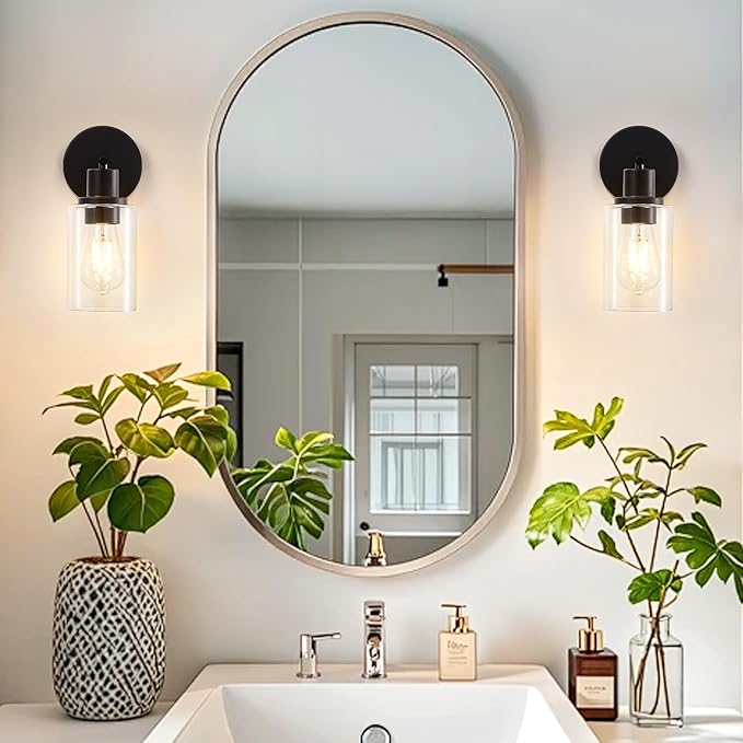 DLLT Wall Sconces Set of Two: Modern Bathroom Vanity Light Fixtures - Matte Black Vanity Lights with Clear Glass Shade - Farmhouse Wall Lamp for Bedroom Living Room Mirror Hallway Kitchen