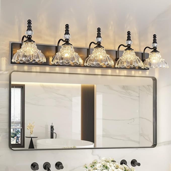 Vintage Bathroom Vanity Light, 5-Light Black Vanity Lighting Fixture with Flower Glass Shade, Bathroom Lighting Fixtures Over Mirror