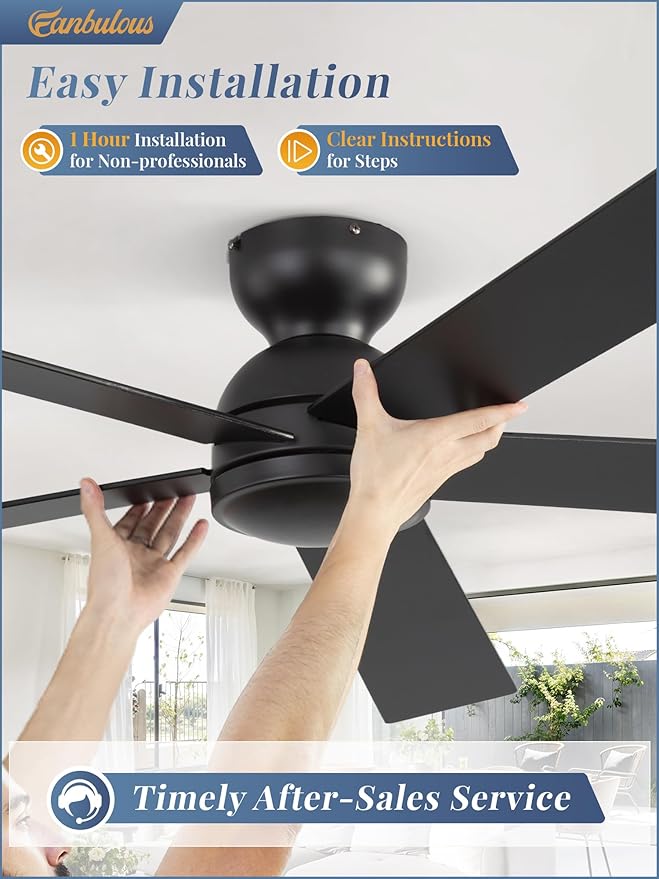 60 Inch Flush Mount Ceiling Fan no Lights, Black Ceiling Fan, 6-Speeds, Quiet Reversible DC Motor, Indoor/Outdoor Large Ceiling Fans without Lights for Living Room, Bedroom,Patio