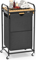 Laundry Hampers 1 Section, Laundry Sorter with Removable Shelf and Pull-Out Bags, Clothes Hampers with Wheels Rolling Cart Basket for Laundry Room Bathroom, 50 L (Black)