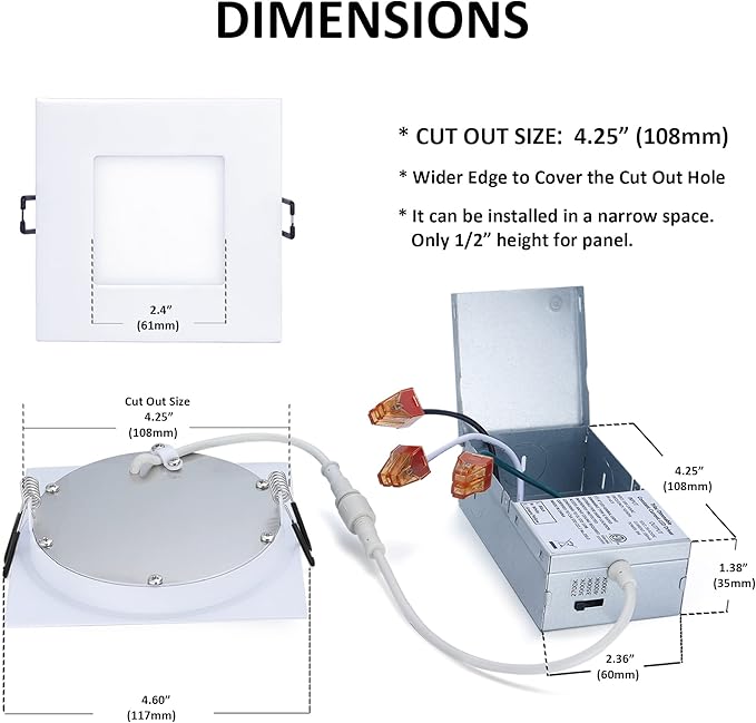 4-inch LED Canless Recessed Slim-Downlight 5 CCT Adjustable Dimmable Recessed Lights Fixture with Junction Box, Ceilling Light with Junction Box, 2700-5000K, 9W, White Square Finish, 6 Pack